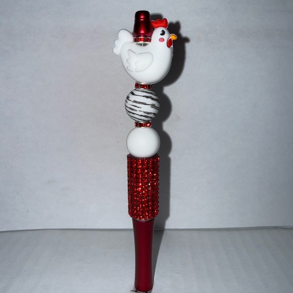 Handmade Beaded Pen- 3D Chicken Design with silicone beads and rhinestone base